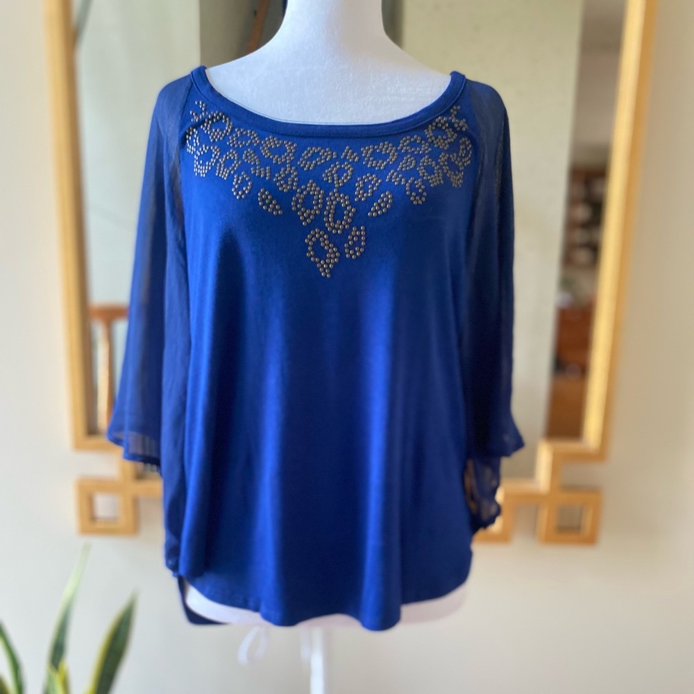 Vintage Cache Womens Blouse Shirt with beading Size Small Blue